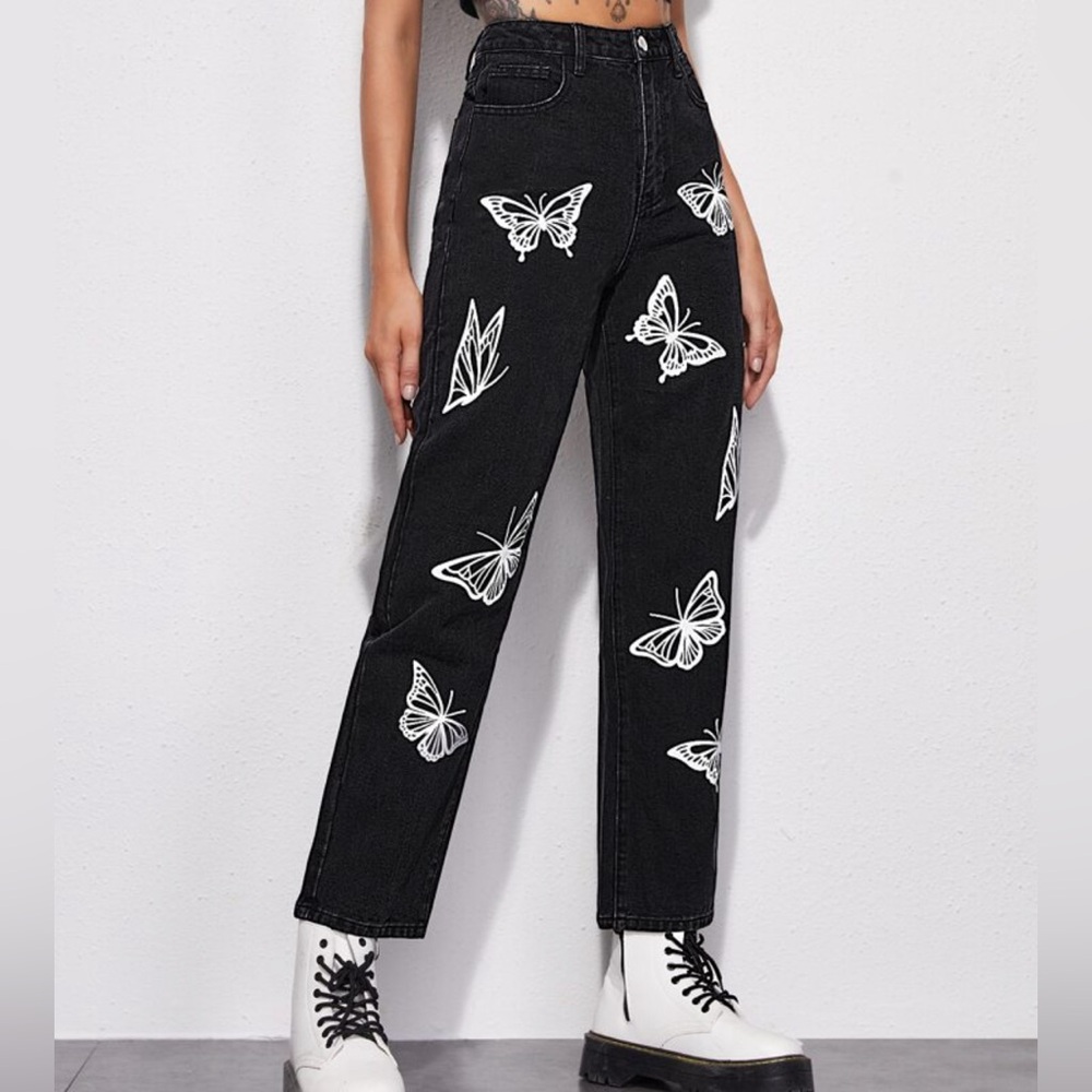 Shein Women’s High Waisted Butterfly Print Mom Jeans Size L
